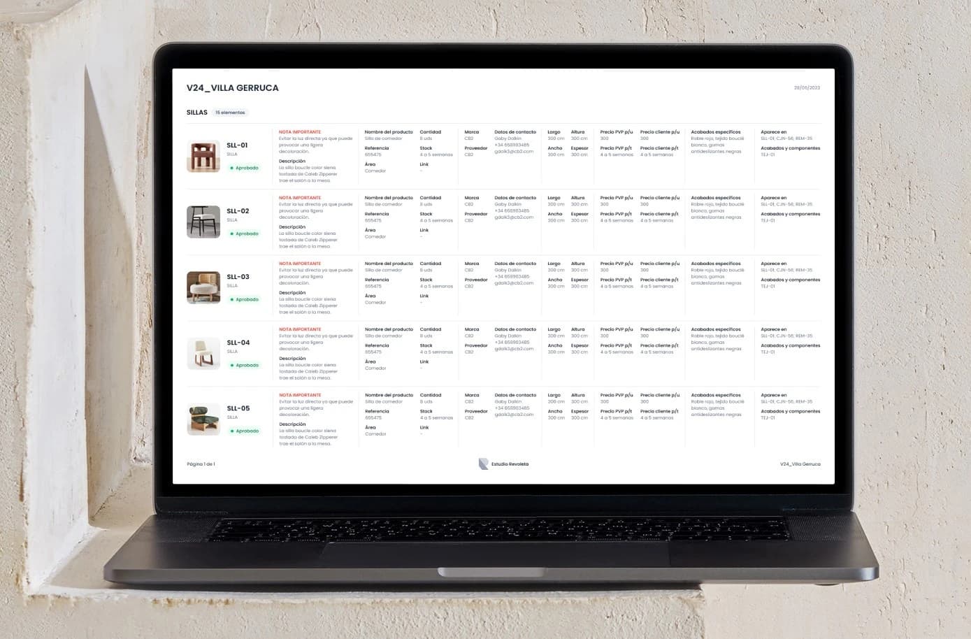 Mockup de la visualización en tabla de elementos